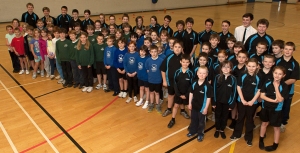 Pupils from Dartmouth Academy, St John the Baptist RC Primary, Blackawton Primary and Stoke Fleming Primary with the Sports Leaders at the back before the Athletics event began.